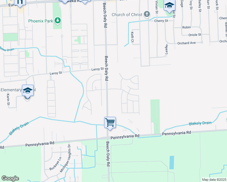 map of restaurants, bars, coffee shops, grocery stores, and more near 16085 South Beech Daly Road in Taylor