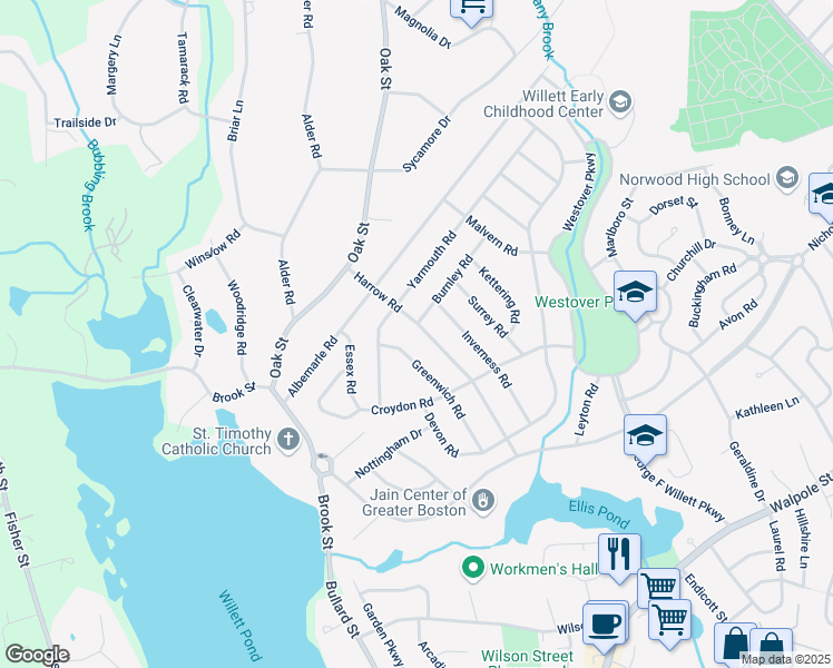 map of restaurants, bars, coffee shops, grocery stores, and more near 39 Harrow Road in Norwood