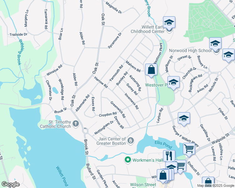 map of restaurants, bars, coffee shops, grocery stores, and more near 39 Harrow Road in Norwood