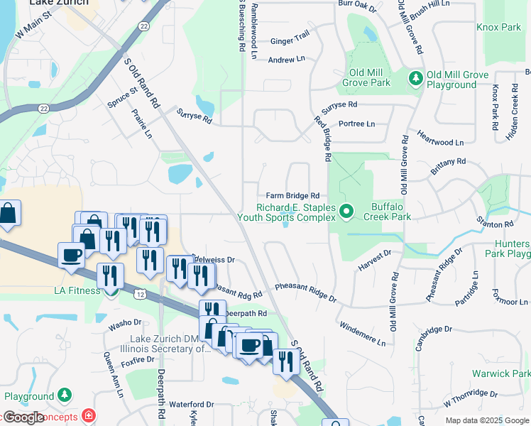 map of restaurants, bars, coffee shops, grocery stores, and more near 583 South Country Ridge Court in Lake Zurich