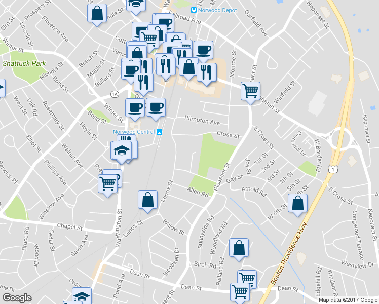 map of restaurants, bars, coffee shops, grocery stores, and more near 28 Shaw Street in Norwood