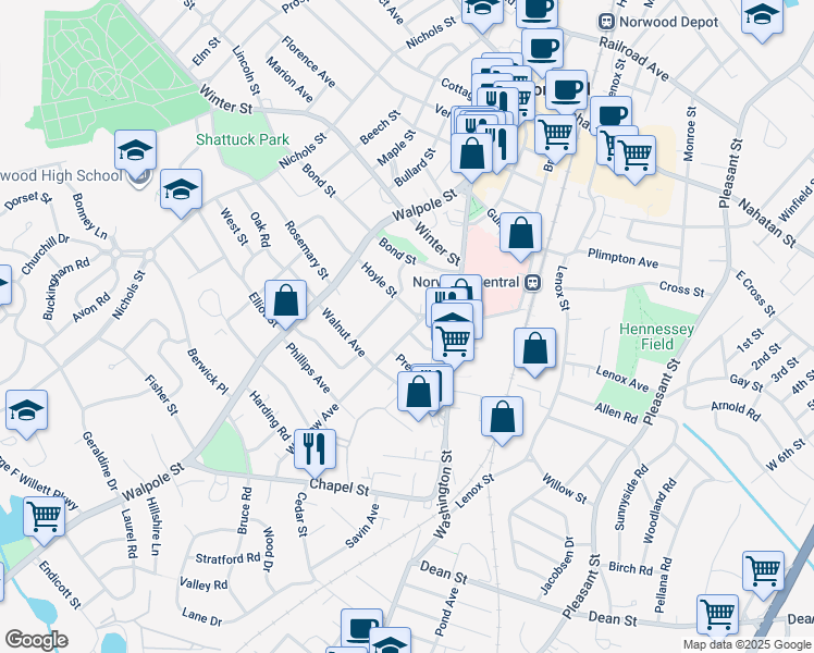 map of restaurants, bars, coffee shops, grocery stores, and more near 51 Winslow Avenue in Norwood