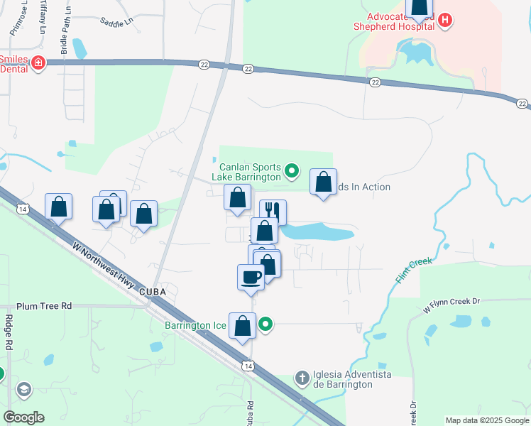 map of restaurants, bars, coffee shops, grocery stores, and more near 22285 North Pepper Road in Lake Barrington