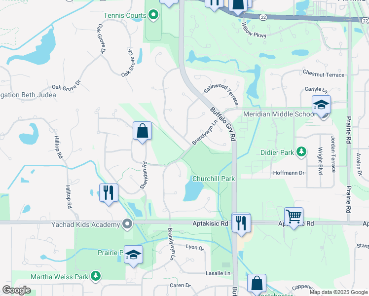 map of restaurants, bars, coffee shops, grocery stores, and more near 2100 Brandywyn Lane in Buffalo Grove