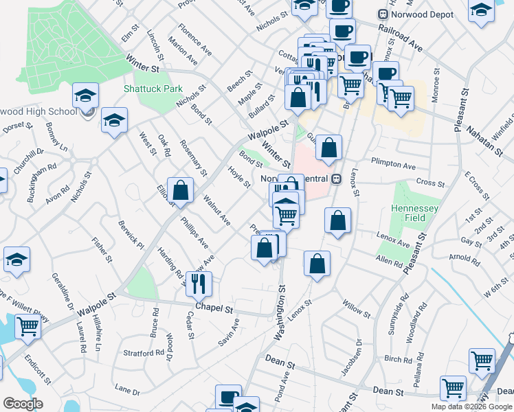 map of restaurants, bars, coffee shops, grocery stores, and more near 51 Winslow Avenue in Norwood