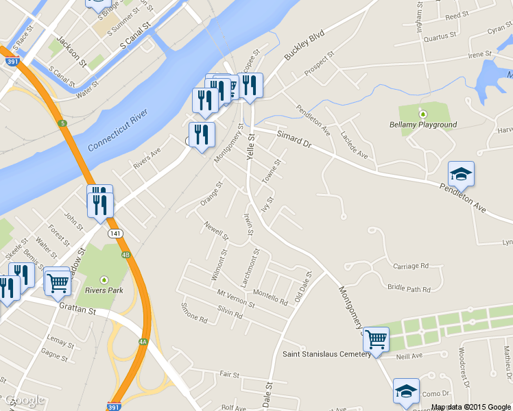 map of restaurants, bars, coffee shops, grocery stores, and more near 1120 Montgomery Street in Chicopee