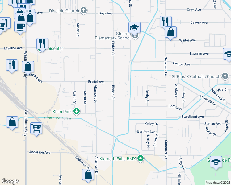 map of restaurants, bars, coffee shops, grocery stores, and more near 4249 Bisbee Street in Klamath Falls