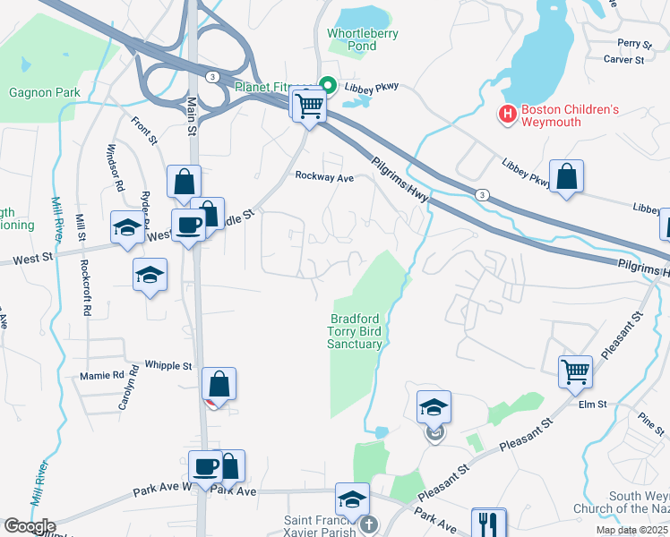 map of restaurants, bars, coffee shops, grocery stores, and more near 57 Old Quarry Drive in Weymouth