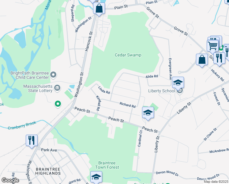 map of restaurants, bars, coffee shops, grocery stores, and more near 62 Linda Road in Braintree