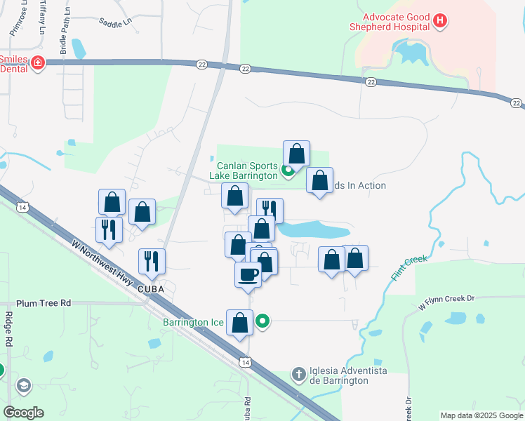 map of restaurants, bars, coffee shops, grocery stores, and more near 22285 North Pepper Road in Lake Barrington