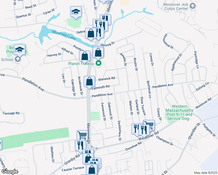 map of restaurants, bars, coffee shops, grocery stores, and more near 75 Falmouth Road in Chicopee