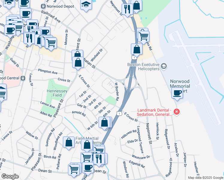 map of restaurants, bars, coffee shops, grocery stores, and more near 5 Centennial Drive in Norwood