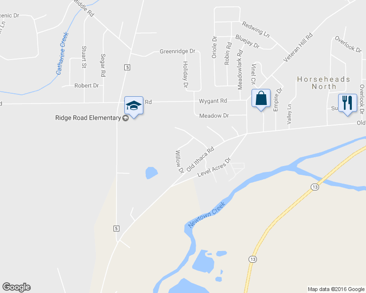 map of restaurants, bars, coffee shops, grocery stores, and more near 116 Willow Drive in Horseheads