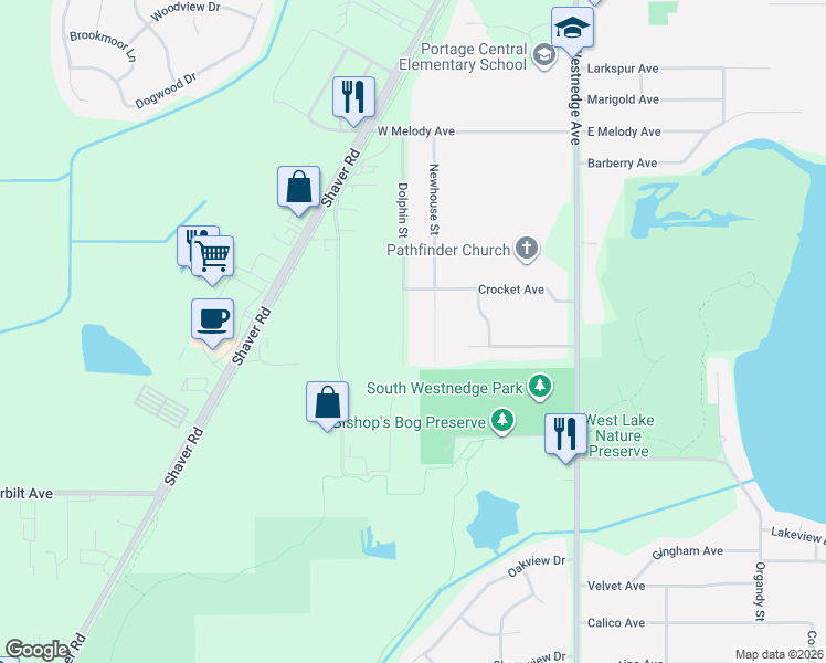 map of restaurants, bars, coffee shops, grocery stores, and more near 8911 Dolphin Street in Portage