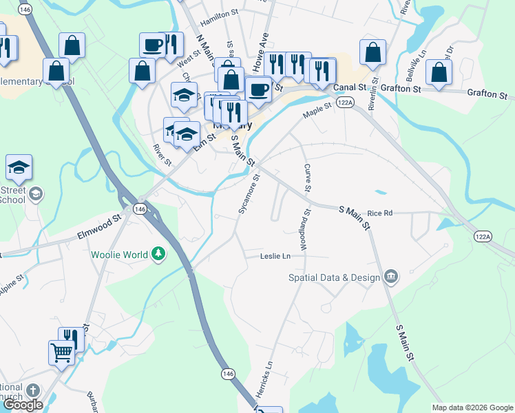 map of restaurants, bars, coffee shops, grocery stores, and more near 6 Colonial Drive in Millbury
