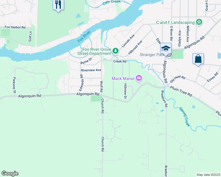 map of restaurants, bars, coffee shops, grocery stores, and more near 9806 Wolf Road in Fox River Grove