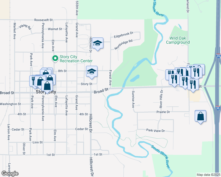 map of restaurants, bars, coffee shops, grocery stores, and more near Broad Street in Story City