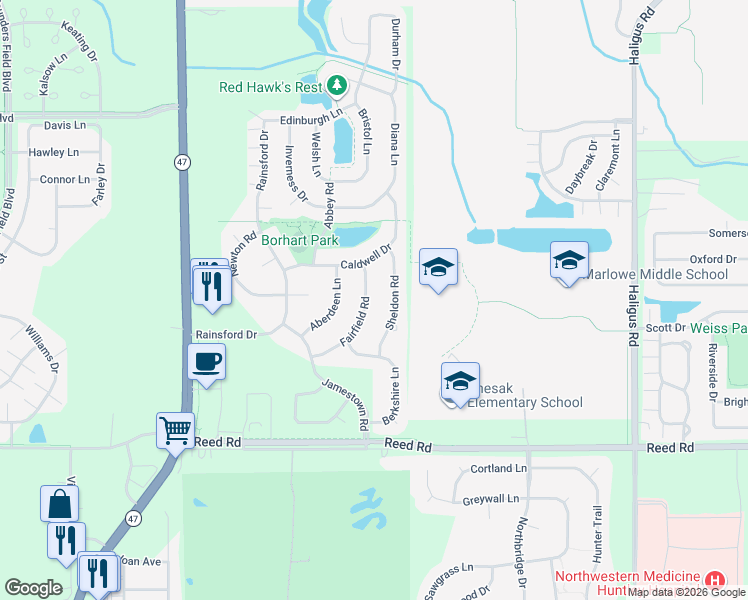 map of restaurants, bars, coffee shops, grocery stores, and more near 9774 Fairfield Road in Huntley