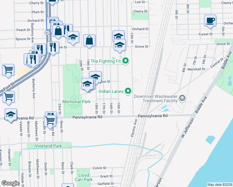 map of restaurants, bars, coffee shops, grocery stores, and more near 4484 15th Street in Wyandotte