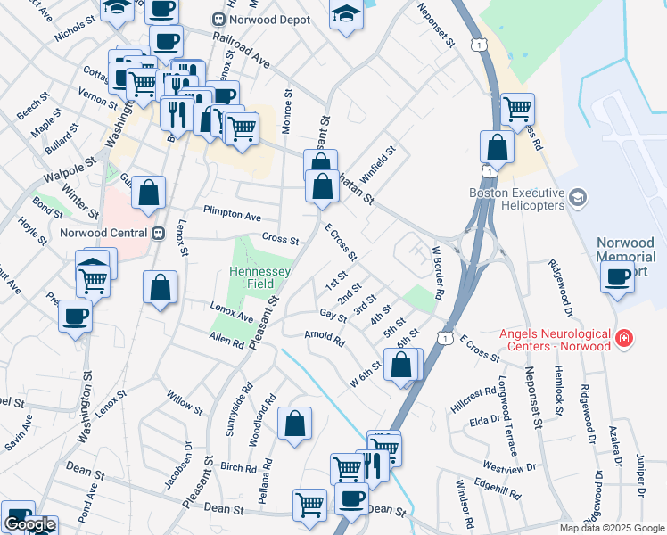 map of restaurants, bars, coffee shops, grocery stores, and more near 24 Sunnyside Road in Norwood