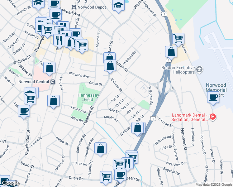 map of restaurants, bars, coffee shops, grocery stores, and more near 24 Sunnyside Road in Norwood