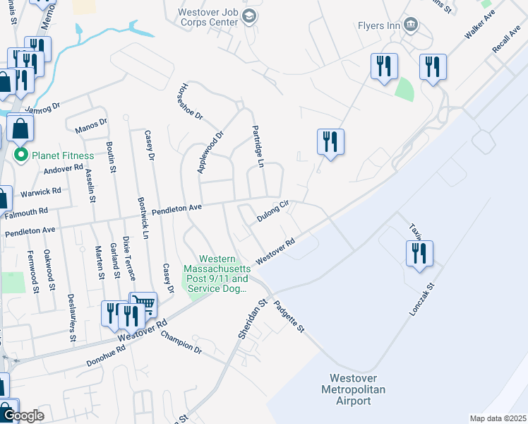 map of restaurants, bars, coffee shops, grocery stores, and more near 134 Dulong Circle in Chicopee
