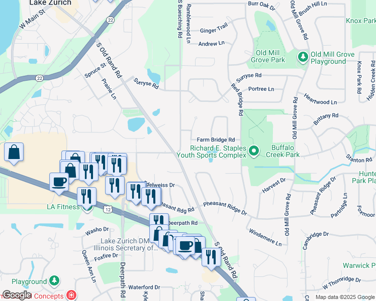 map of restaurants, bars, coffee shops, grocery stores, and more near 583 South Country Ridge Court in Lake Zurich