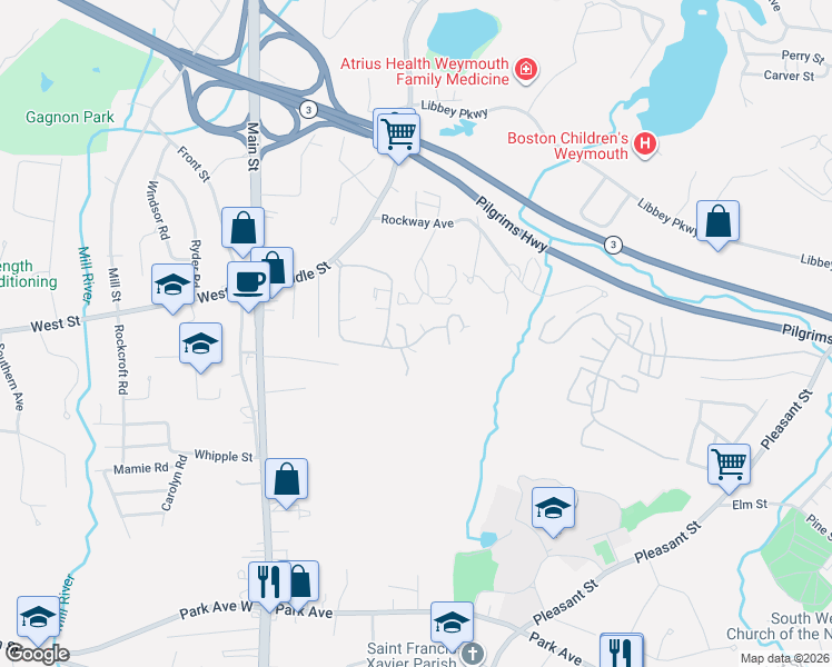 map of restaurants, bars, coffee shops, grocery stores, and more near 5 Old Quarry Drive in Weymouth