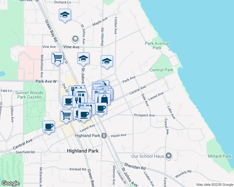 map of restaurants, bars, coffee shops, grocery stores, and more near 1942 Linden Avenue in Highland Park