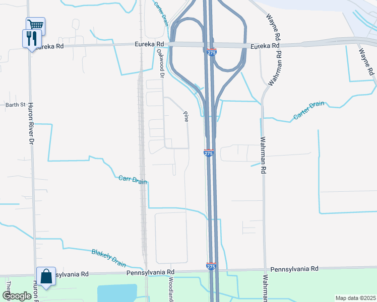 map of restaurants, bars, coffee shops, grocery stores, and more near 16950 Pine in Romulus
