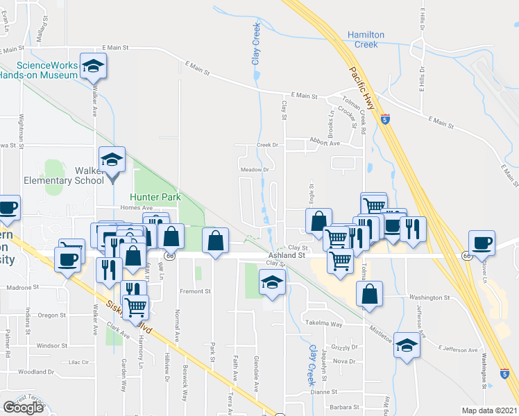 map of restaurants, bars, coffee shops, grocery stores, and more near 321 Clay Street in Ashland