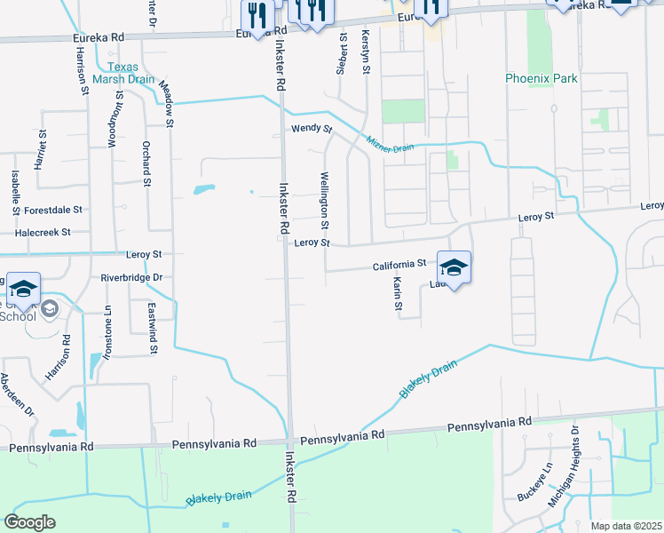 map of restaurants, bars, coffee shops, grocery stores, and more near 15993 Wellington Street in Taylor