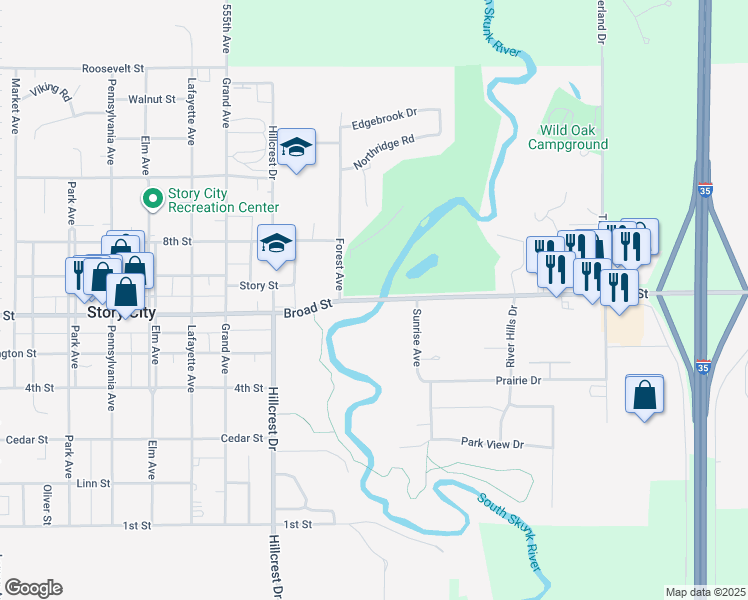 map of restaurants, bars, coffee shops, grocery stores, and more near Broad Street in Story City