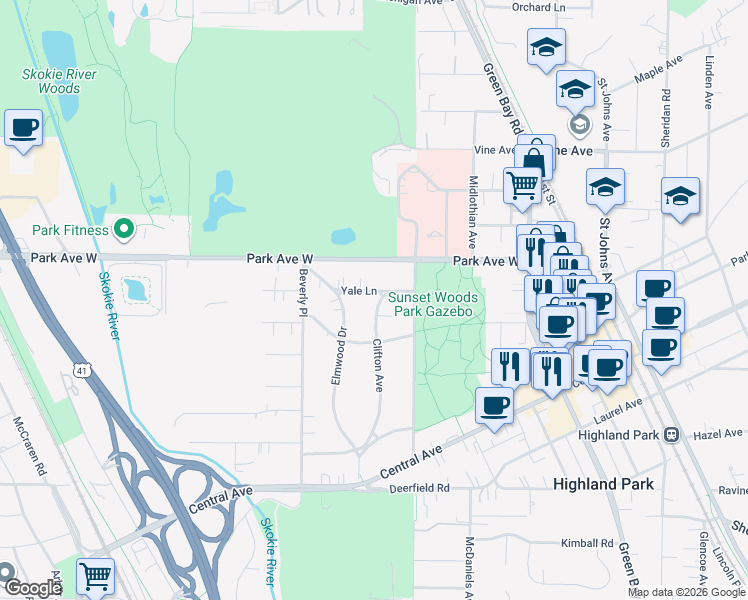 map of restaurants, bars, coffee shops, grocery stores, and more near 880 Yale Lane in Highland Park
