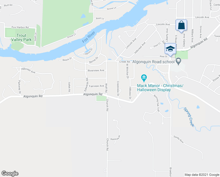 map of restaurants, bars, coffee shops, grocery stores, and more near 9806 Wolf Road in Fox River Grove