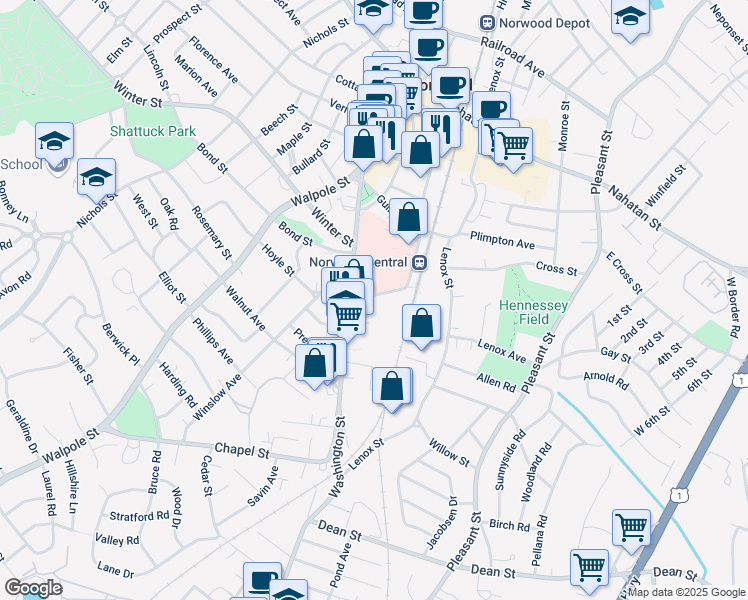 map of restaurants, bars, coffee shops, grocery stores, and more near 15 East Hoyle Street in Norwood