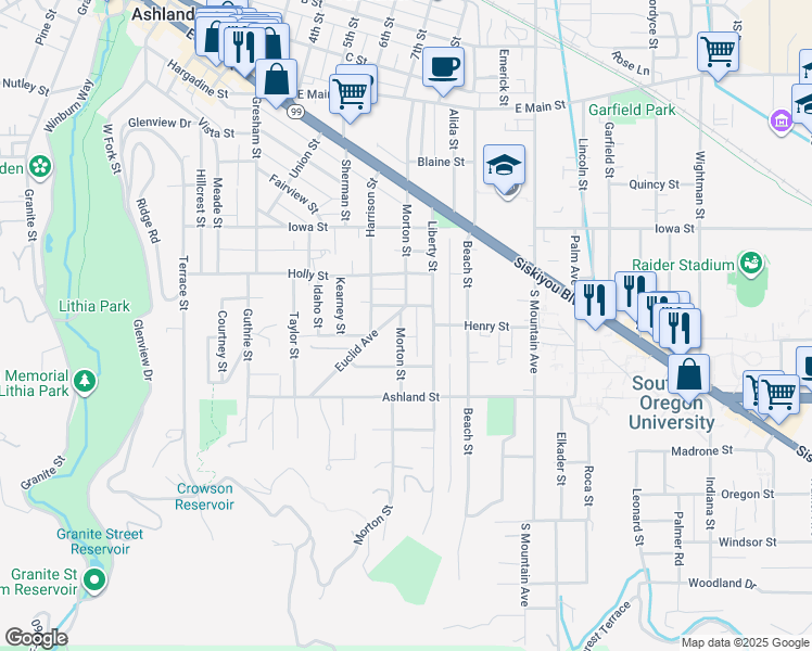 map of restaurants, bars, coffee shops, grocery stores, and more near 410 Morton Street in Ashland