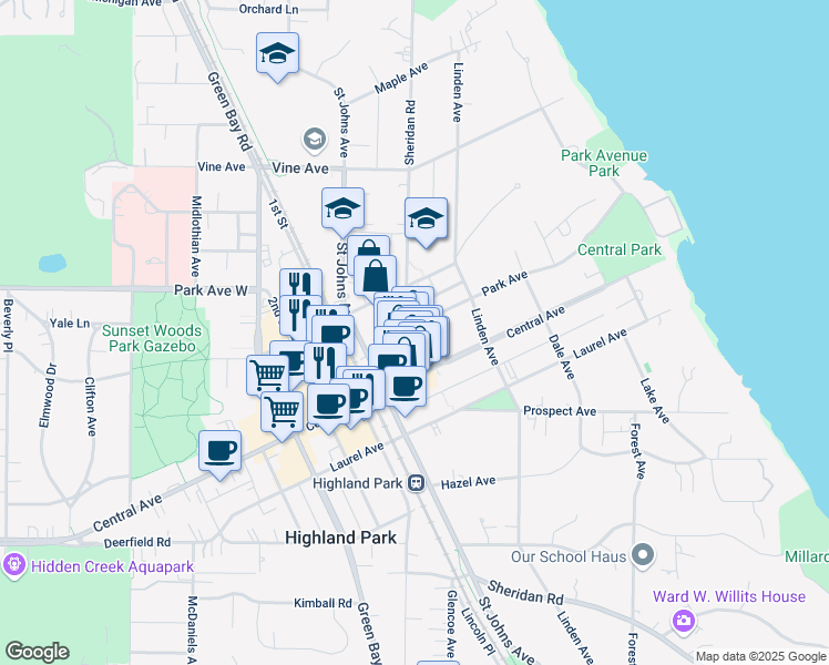 map of restaurants, bars, coffee shops, grocery stores, and more near 1935 Sheridan Road in Highland Park