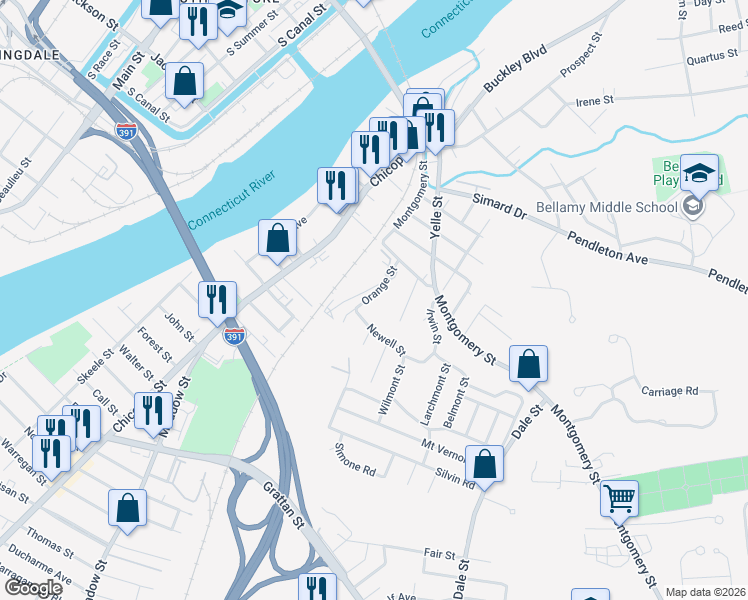 map of restaurants, bars, coffee shops, grocery stores, and more near 43 Orange Street in Chicopee