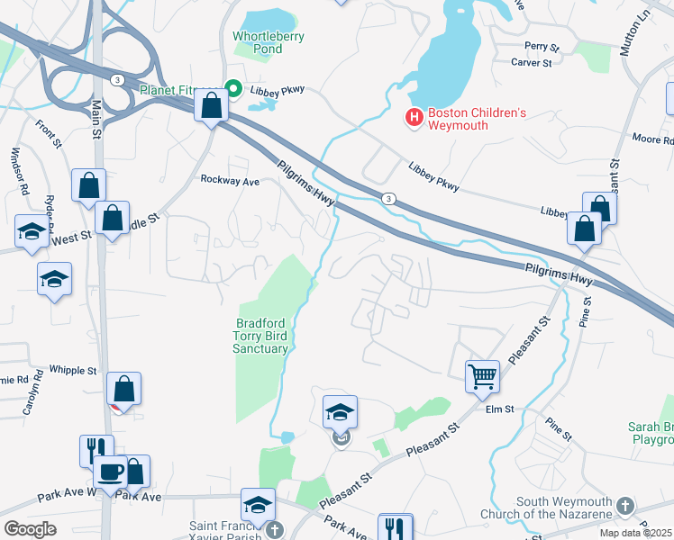map of restaurants, bars, coffee shops, grocery stores, and more near 202 Tall Oaks Drive in Weymouth