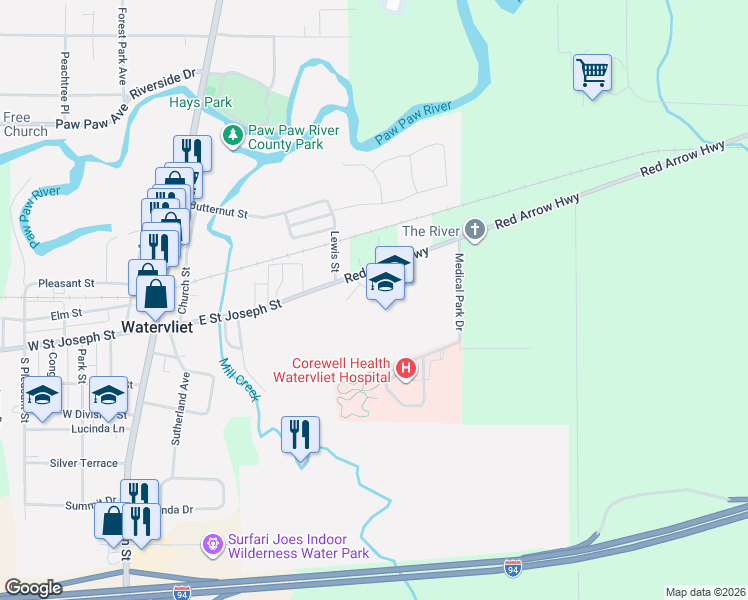 map of restaurants, bars, coffee shops, grocery stores, and more near 8534 Red Arrow Highway in Watervliet