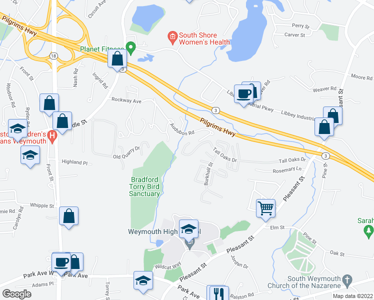 map of restaurants, bars, coffee shops, grocery stores, and more near 202 Tall Oaks Drive in Weymouth