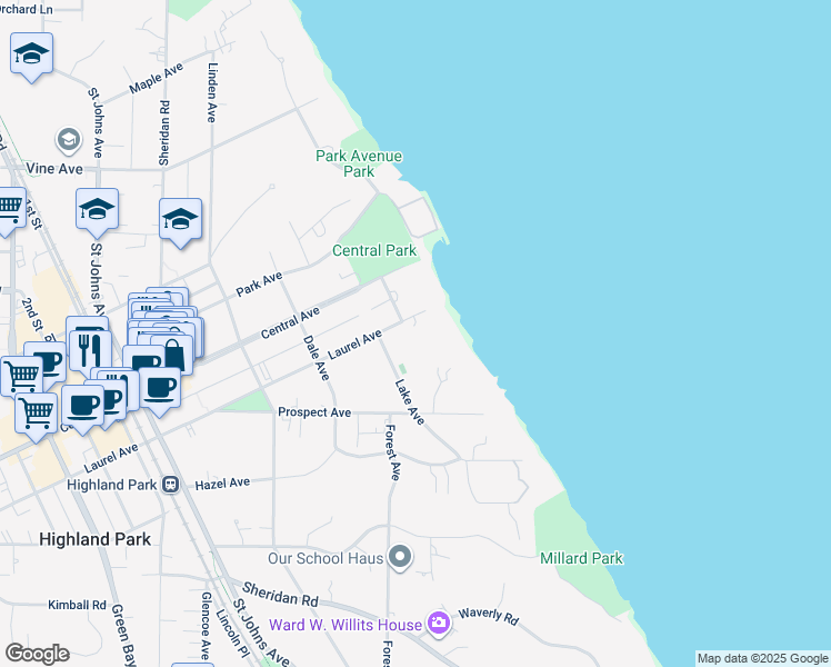 map of restaurants, bars, coffee shops, grocery stores, and more near 80 Laurel Avenue in Highland Park