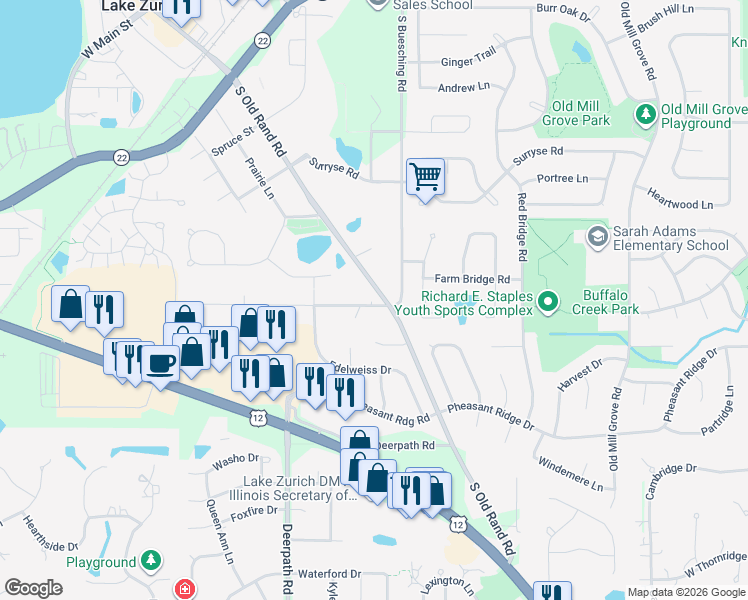 map of restaurants, bars, coffee shops, grocery stores, and more near 480 West Grand Avenue in Lake Zurich