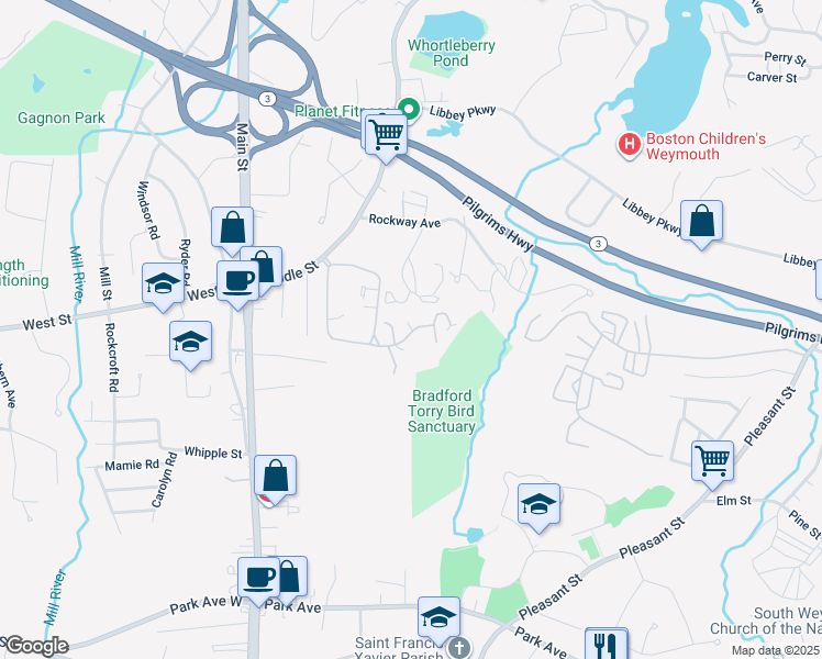 map of restaurants, bars, coffee shops, grocery stores, and more near 57 Old Quarry Drive in Weymouth