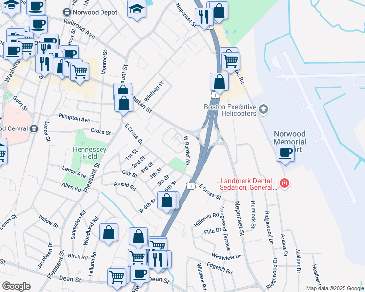 map of restaurants, bars, coffee shops, grocery stores, and more near 5 Centennial Drive in Norwood
