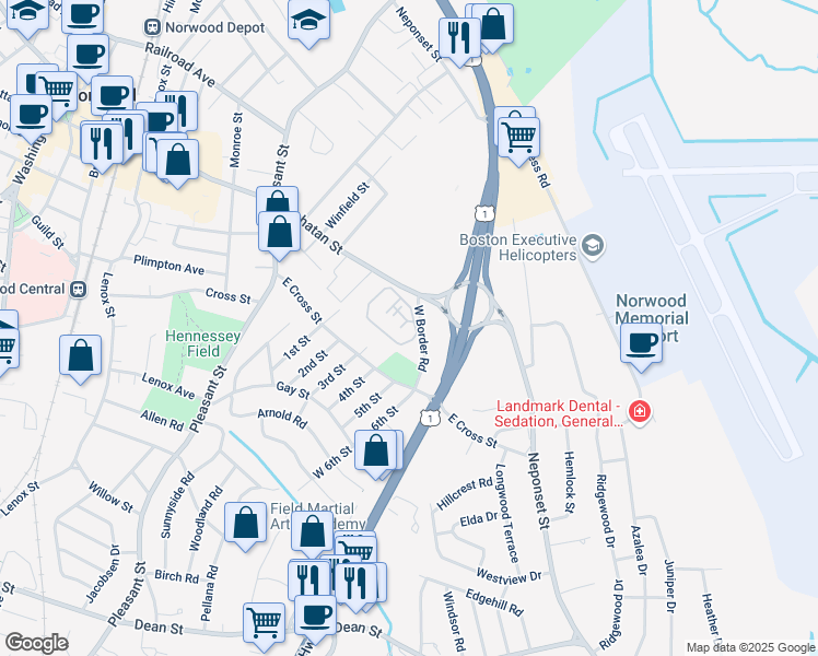 map of restaurants, bars, coffee shops, grocery stores, and more near 5 Centennial Drive in Norwood