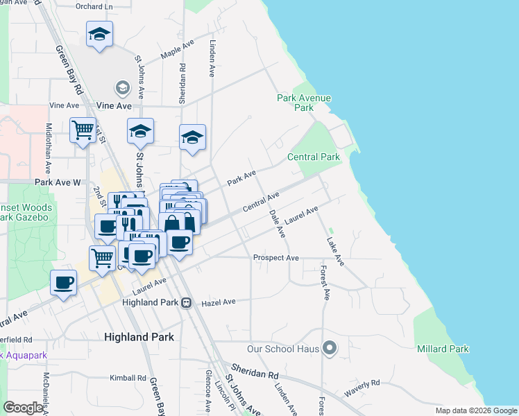 map of restaurants, bars, coffee shops, grocery stores, and more near 294 Central Avenue in Highland Park