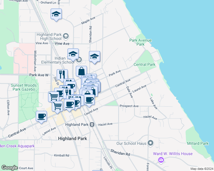 map of restaurants, bars, coffee shops, grocery stores, and more near 1942 Linden Avenue in Highland Park