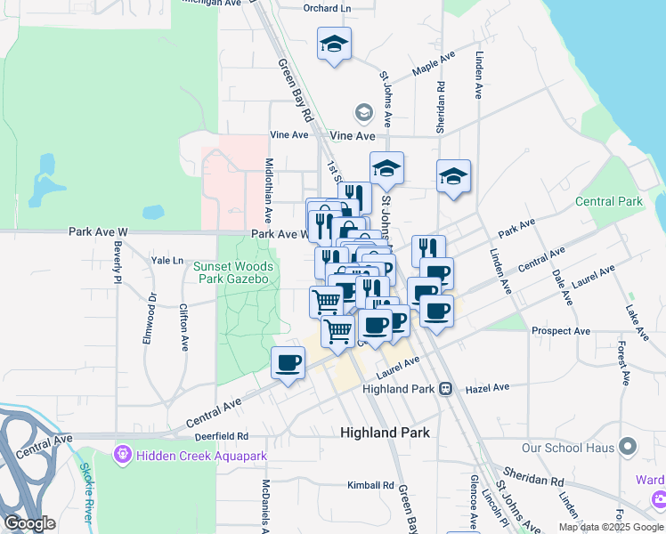 map of restaurants, bars, coffee shops, grocery stores, and more near 655 Elm Place in Highland Park